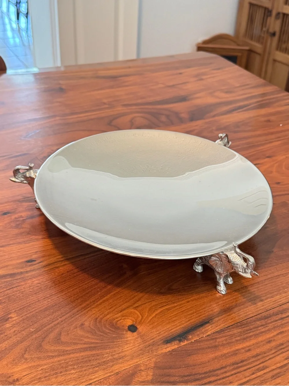 Silver Metal 12 in. Round Decorative Tray with Elephants 12.5”